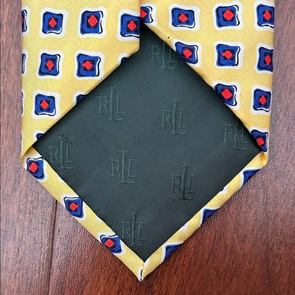 Lauren, Ralph Lauren Geometric Yellow Red White and Blue Tie, 100% Silk